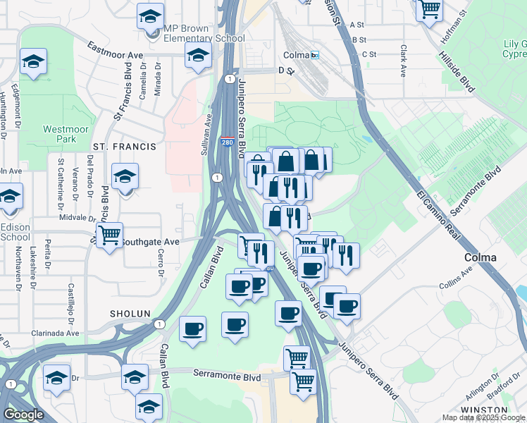map of restaurants, bars, coffee shops, grocery stores, and more near 14 Colma Boulevard in Colma