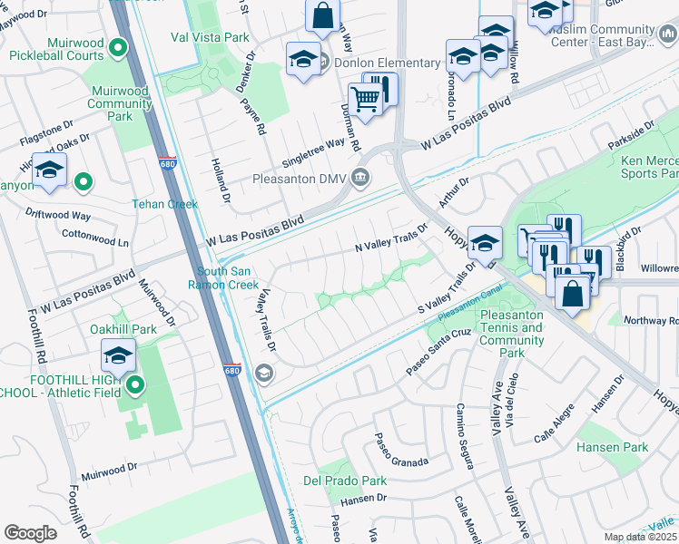 map of restaurants, bars, coffee shops, grocery stores, and more near 3652 Hawaii Court South in Pleasanton