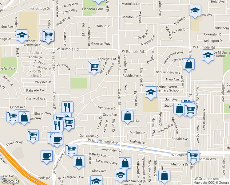 map of restaurants, bars, coffee shops, grocery stores, and more near 2400 Queenaire Lane in Modesto