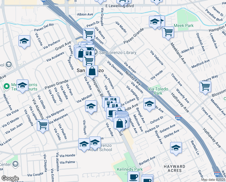 map of restaurants, bars, coffee shops, grocery stores, and more near 17004 Via Andeta in San Lorenzo