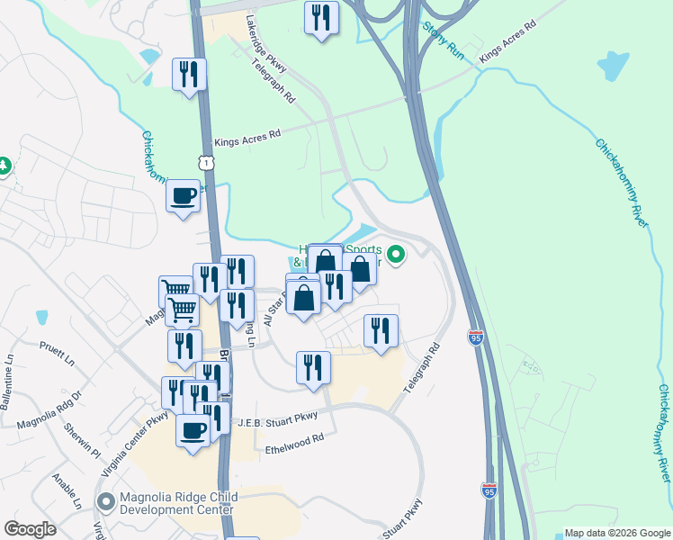 map of restaurants, bars, coffee shops, grocery stores, and more near 10600 Livy Lane in Glen Allen