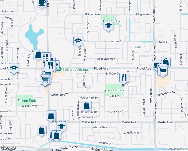 map of restaurants, bars, coffee shops, grocery stores, and more near 2405 Shadow Oak Lane in Modesto