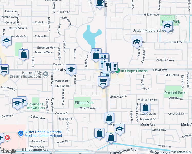 map of restaurants, bars, coffee shops, grocery stores, and more near 2116 Gainsboro Place in Modesto