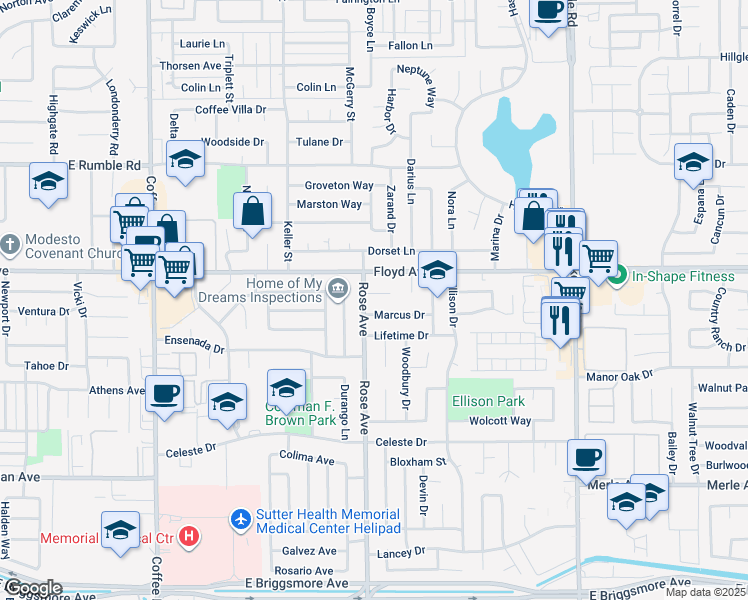map of restaurants, bars, coffee shops, grocery stores, and more near 1814 Bradford Court in Modesto