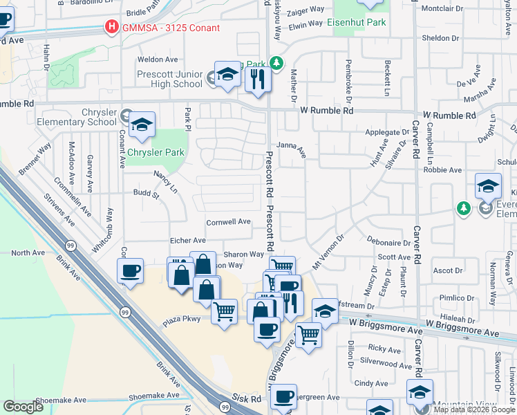 map of restaurants, bars, coffee shops, grocery stores, and more near 2308 Yorkton Avenue in Modesto