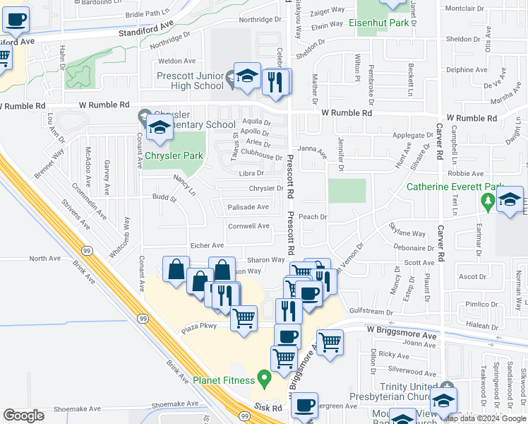 map of restaurants, bars, coffee shops, grocery stores, and more near 2128 Palisade Avenue in Modesto