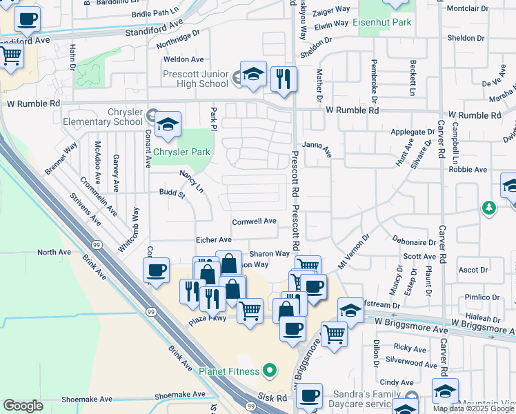 map of restaurants, bars, coffee shops, grocery stores, and more near 2128 Palisade Avenue in Modesto