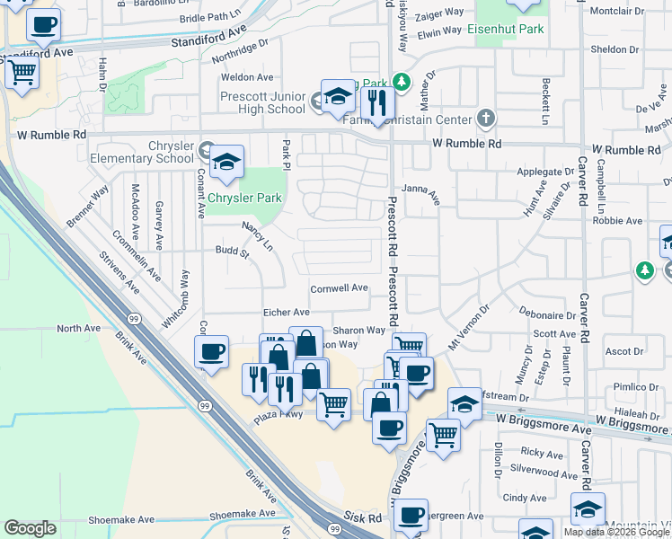 map of restaurants, bars, coffee shops, grocery stores, and more near 2128 Palisade Avenue in Modesto