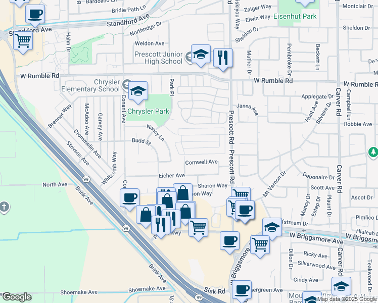 map of restaurants, bars, coffee shops, grocery stores, and more near 2212 Palisade Avenue in Modesto