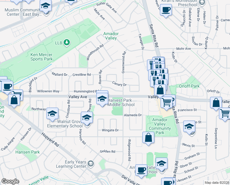 map of restaurants, bars, coffee shops, grocery stores, and more near 2022 Raven Road in Pleasanton