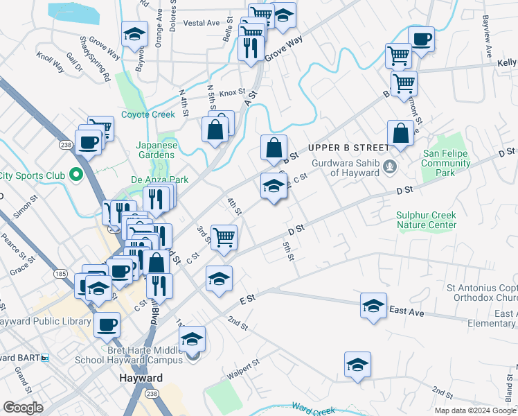 map of restaurants, bars, coffee shops, grocery stores, and more near 1570 Ward Street in Hayward