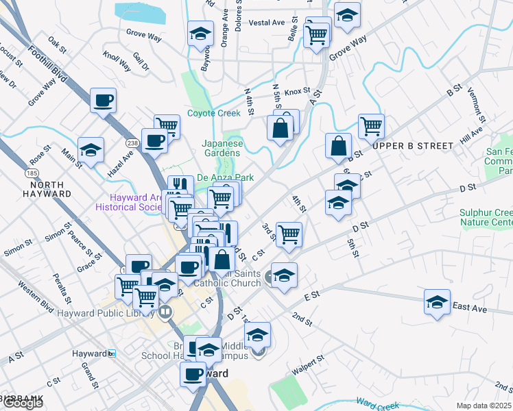 map of restaurants, bars, coffee shops, grocery stores, and more near 1318 B Street in Hayward