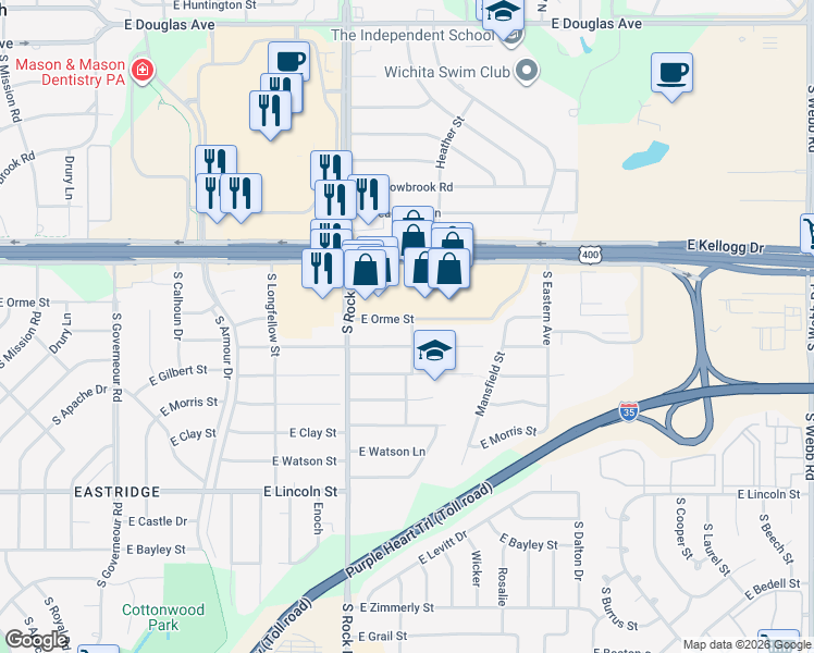 map of restaurants, bars, coffee shops, grocery stores, and more near 600-646 South Eastmoor Street in Wichita