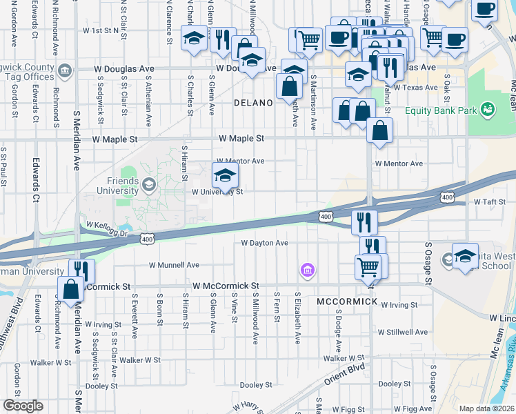 map of restaurants, bars, coffee shops, grocery stores, and more near 627 South Millwood Avenue in Wichita