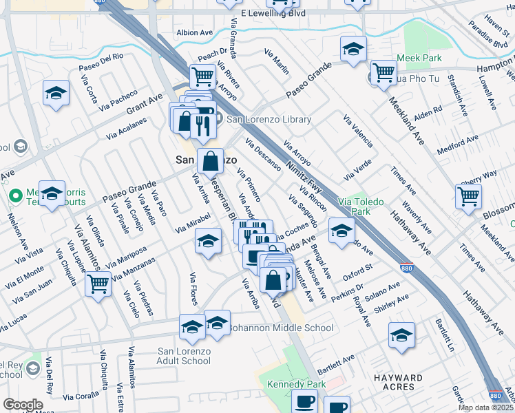 map of restaurants, bars, coffee shops, grocery stores, and more near 17033 Via Primero in San Lorenzo
