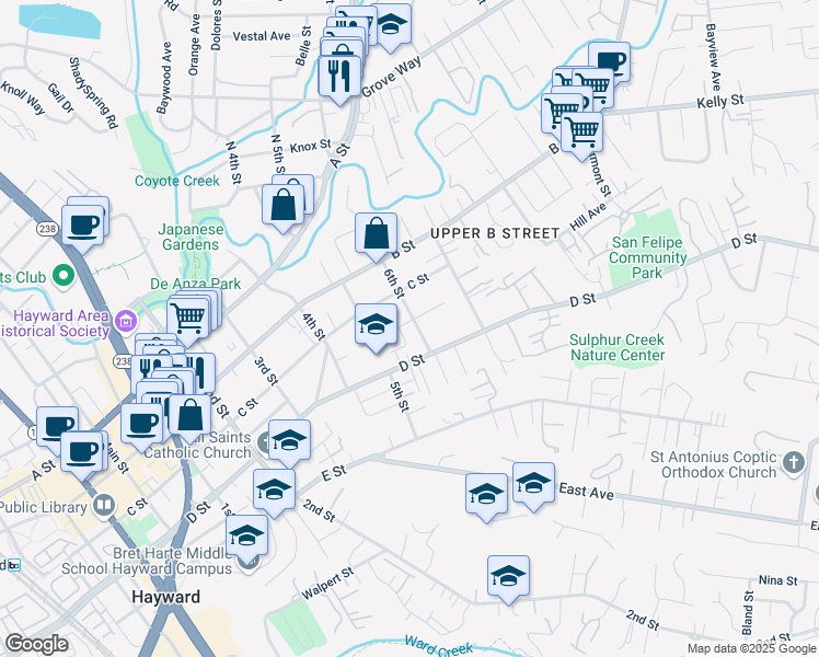 map of restaurants, bars, coffee shops, grocery stores, and more near 1591 Ward Street in Hayward
