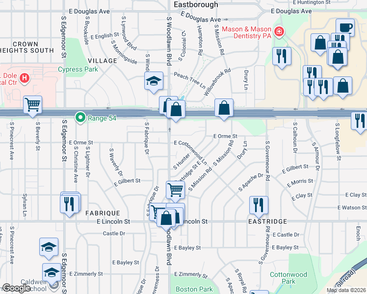 map of restaurants, bars, coffee shops, grocery stores, and more near 6417 East Cottonwood Lane in Wichita
