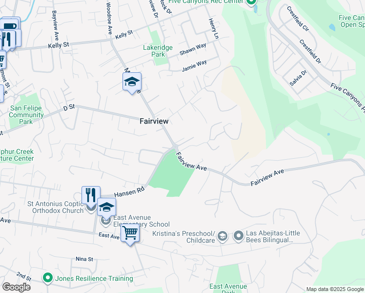 map of restaurants, bars, coffee shops, grocery stores, and more near 3109 Vista Lane in Hayward