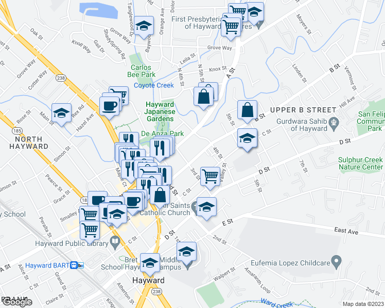map of restaurants, bars, coffee shops, grocery stores, and more near 1318 B Street in Hayward