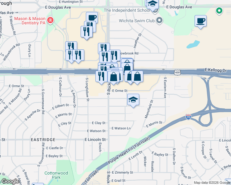map of restaurants, bars, coffee shops, grocery stores, and more near 8019 East Orme Street in Wichita