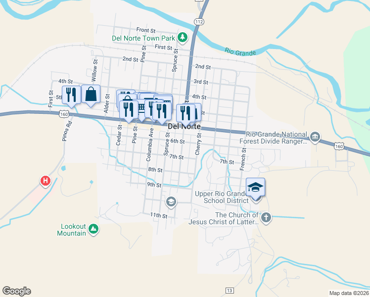 map of restaurants, bars, coffee shops, grocery stores, and more near 620 Oak Street in Del Norte