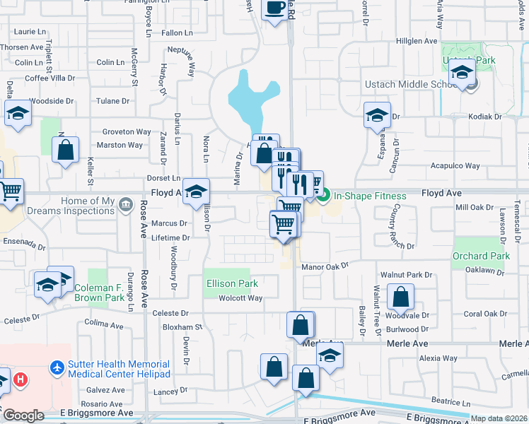 map of restaurants, bars, coffee shops, grocery stores, and more near 2116 Gainsboro Place in Modesto