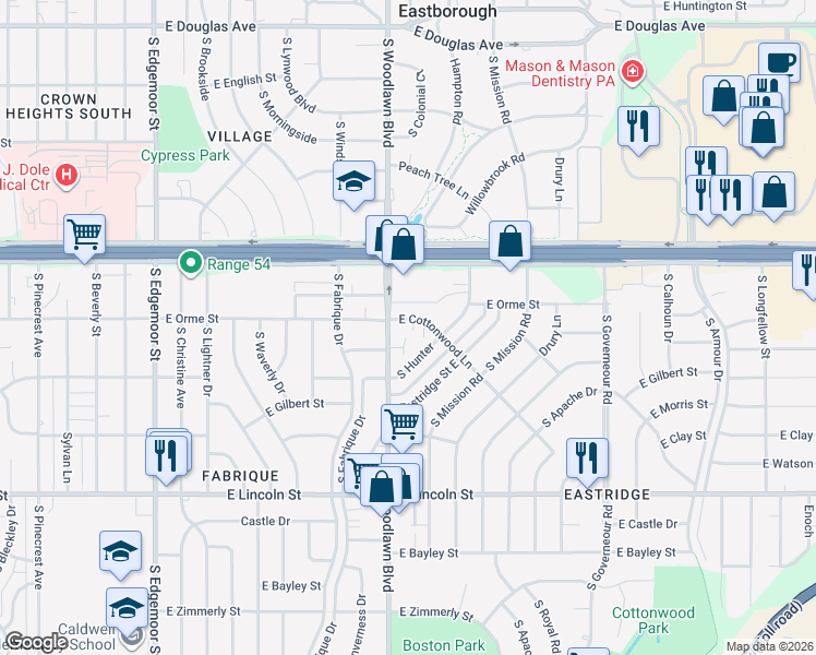map of restaurants, bars, coffee shops, grocery stores, and more near 6417 East Cottonwood Lane in Wichita