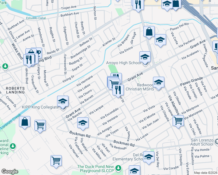 map of restaurants, bars, coffee shops, grocery stores, and more near 1432 Via Barrett in San Lorenzo