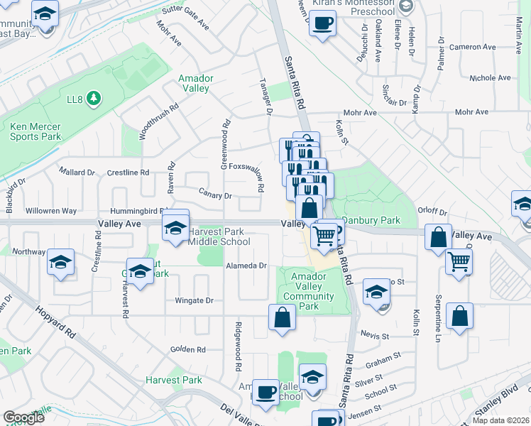 map of restaurants, bars, coffee shops, grocery stores, and more near 1951 Foxswallow Circle in Pleasanton