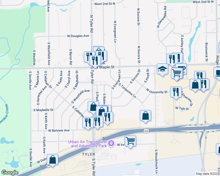 map of restaurants, bars, coffee shops, grocery stores, and more near 8609 West University Street in Wichita