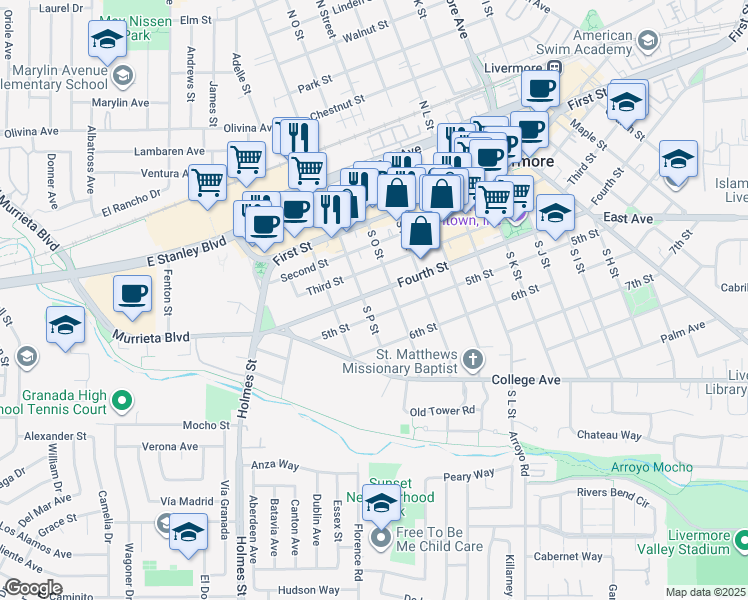 map of restaurants, bars, coffee shops, grocery stores, and more near 1623 Fourth Street in Livermore