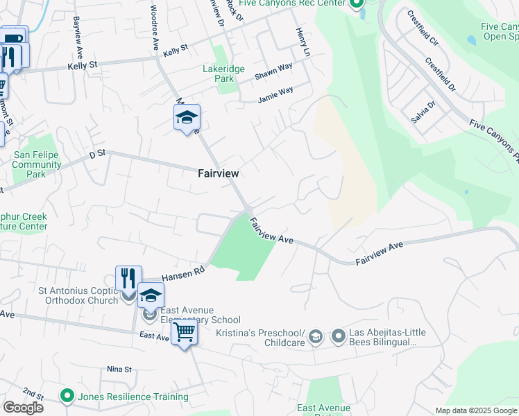 map of restaurants, bars, coffee shops, grocery stores, and more near 3109 Vista Lane in Hayward