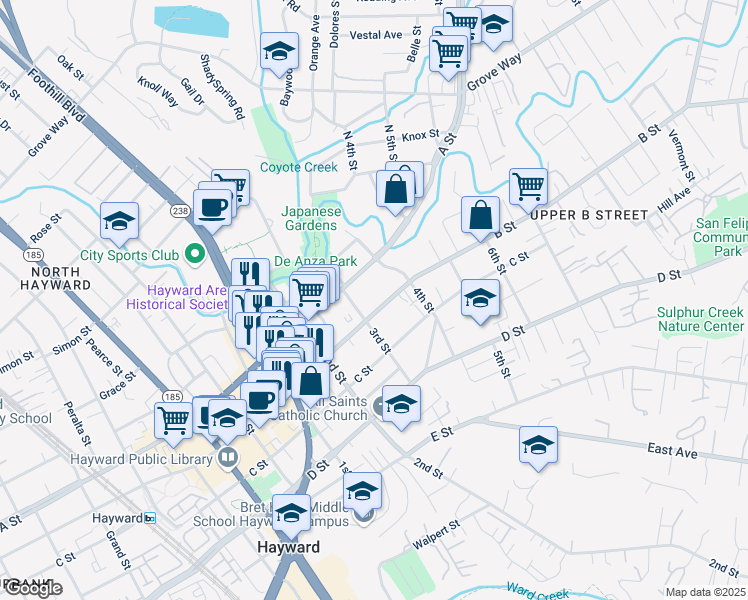 map of restaurants, bars, coffee shops, grocery stores, and more near 1318 B Street in Hayward