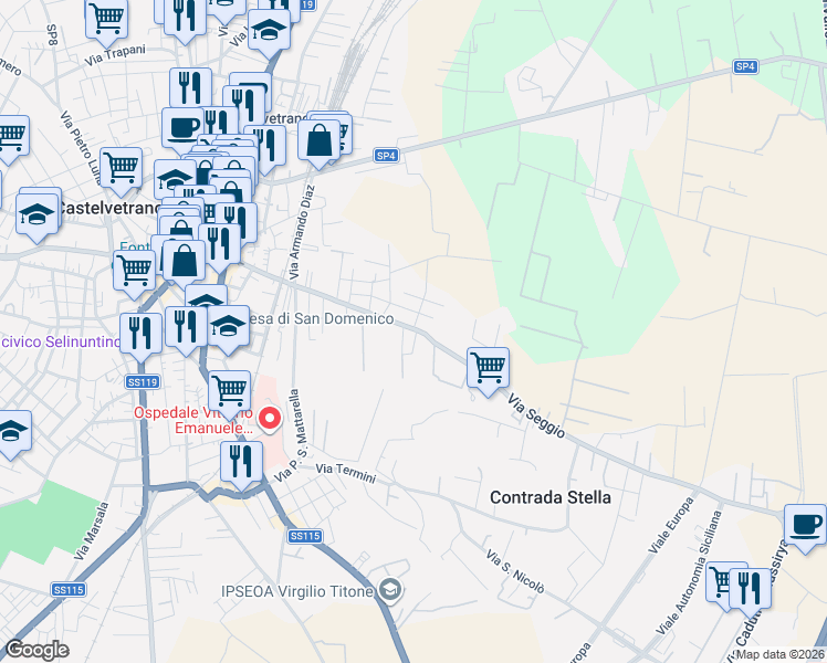 map of restaurants, bars, coffee shops, grocery stores, and more near 142 Via Seggio in Castelvetrano
