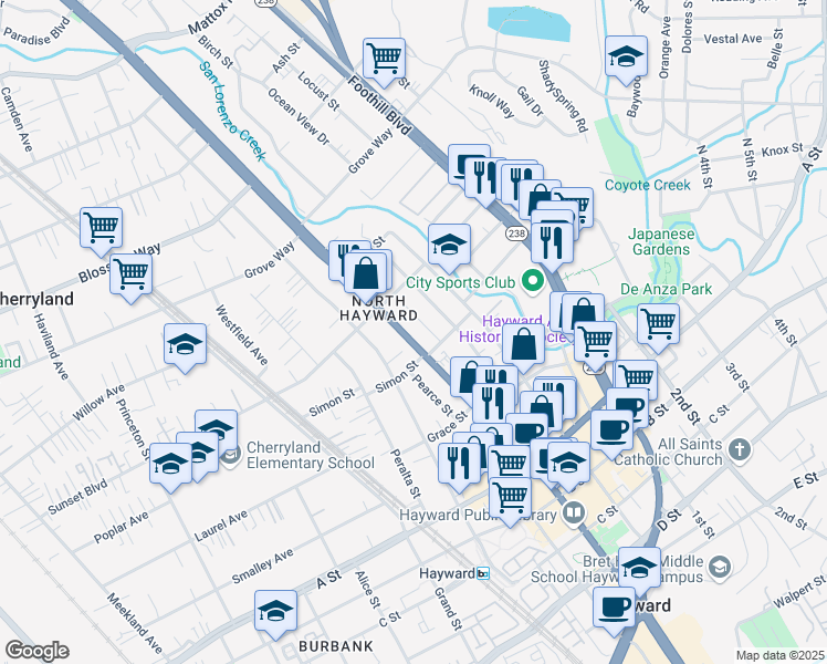 map of restaurants, bars, coffee shops, grocery stores, and more near 22182 Mission Boulevard in Hayward