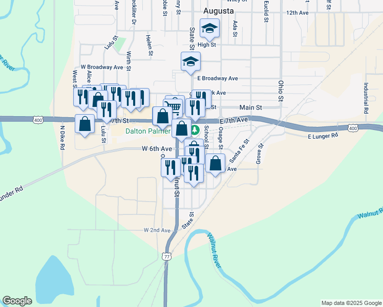 map of restaurants, bars, coffee shops, grocery stores, and more near 525 State Street in Augusta