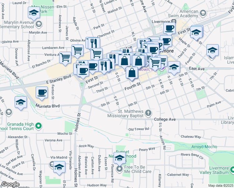 map of restaurants, bars, coffee shops, grocery stores, and more near 1623 Fourth Street in Livermore