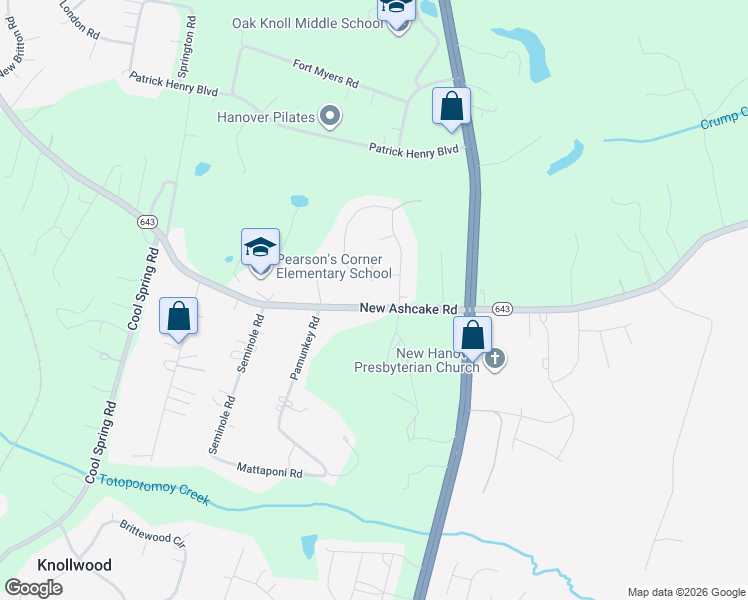 map of restaurants, bars, coffee shops, grocery stores, and more near 8218 New Ashcake Road in Mechanicsville