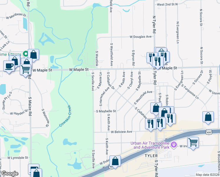 map of restaurants, bars, coffee shops, grocery stores, and more near 400 Herschel Street in Wichita