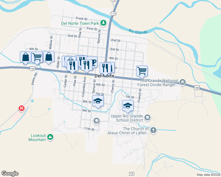 map of restaurants, bars, coffee shops, grocery stores, and more near 620 Oak Street in Del Norte