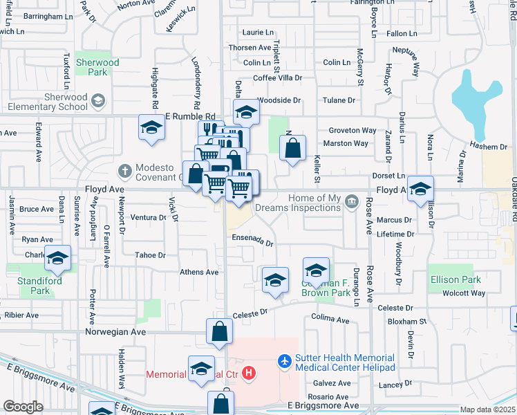 map of restaurants, bars, coffee shops, grocery stores, and more near 2408 Vera Cruz Drive in Modesto