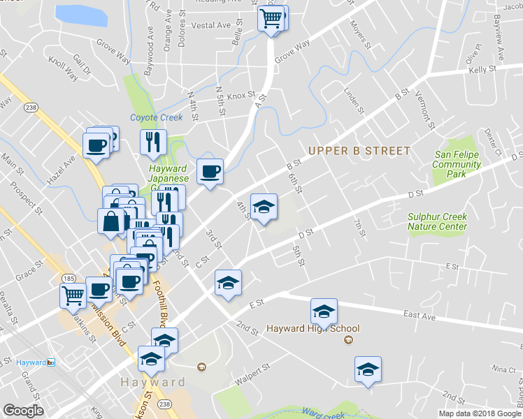 map of restaurants, bars, coffee shops, grocery stores, and more near 1424 C Street in Hayward