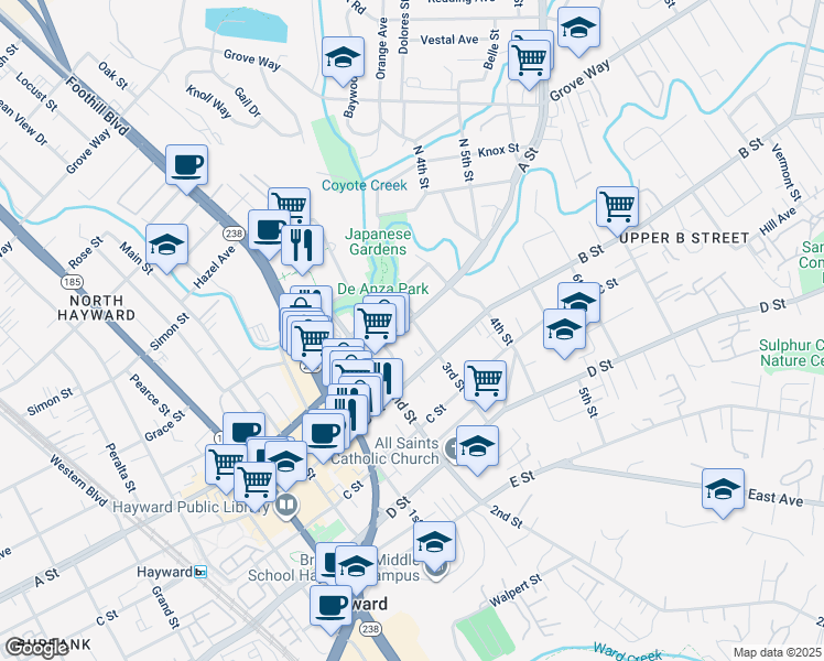 map of restaurants, bars, coffee shops, grocery stores, and more near 1275 A Street in Hayward