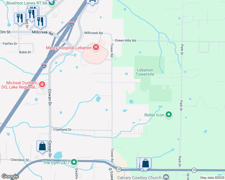 map of restaurants, bars, coffee shops, grocery stores, and more near 746 Tower Road in Lebanon