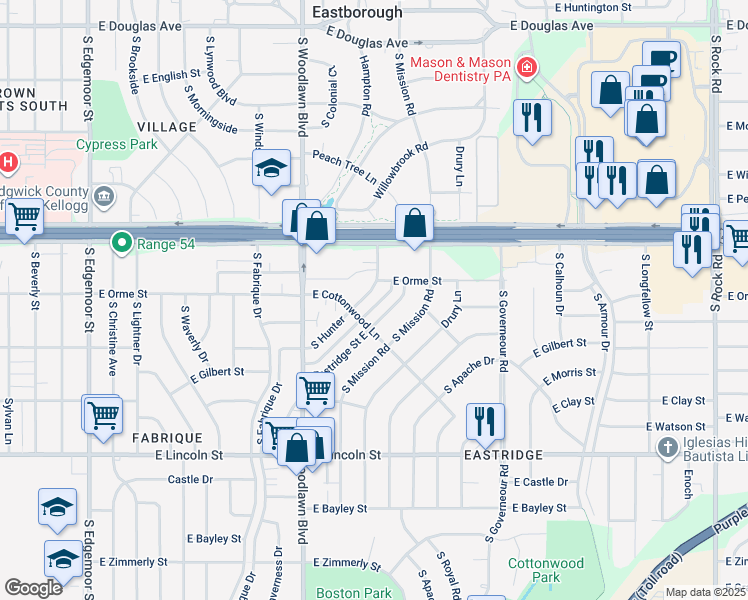 map of restaurants, bars, coffee shops, grocery stores, and more near 633 Eastridge Street East in Wichita