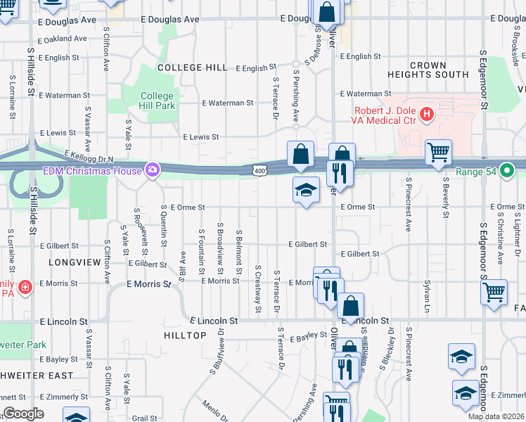 map of restaurants, bars, coffee shops, grocery stores, and more near 617 South Crestway Street in Wichita