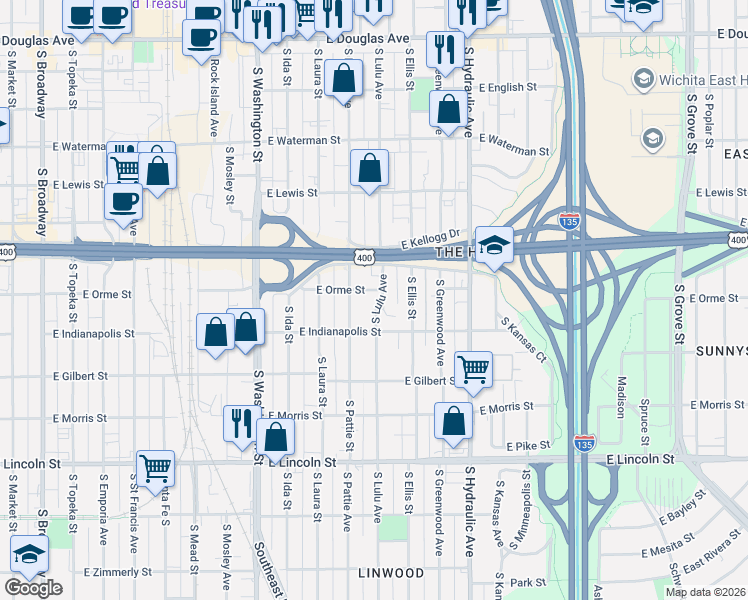 map of restaurants, bars, coffee shops, grocery stores, and more near 611 South Lulu Avenue in Wichita