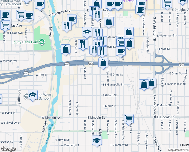 map of restaurants, bars, coffee shops, grocery stores, and more near 808 South Market Street in Wichita