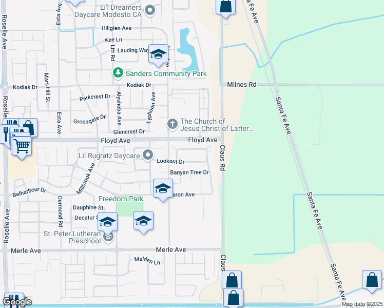 map of restaurants, bars, coffee shops, grocery stores, and more near 3904 Purple Finch Lane in Modesto