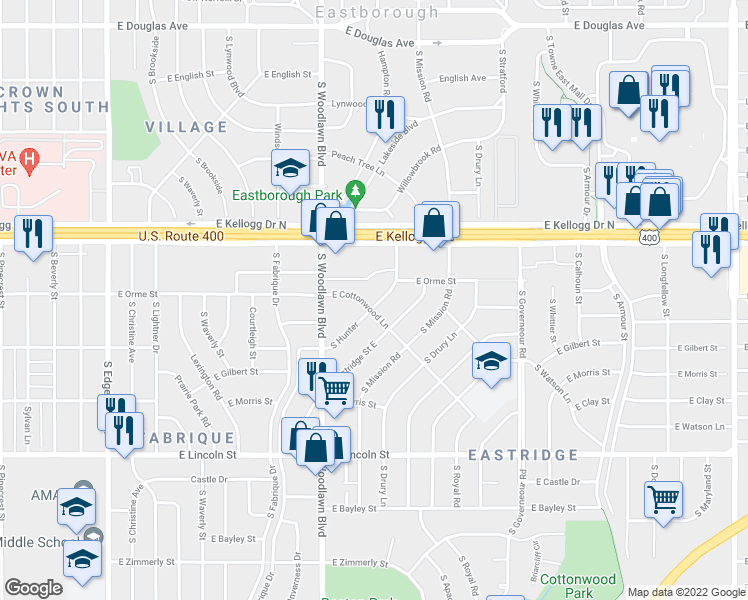 map of restaurants, bars, coffee shops, grocery stores, and more near 633 South Hunter in Wichita